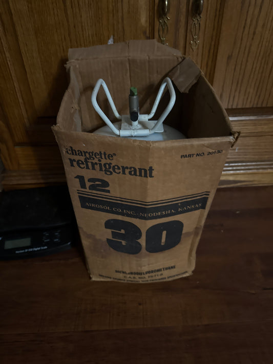 Classic  car chargette  R-12 refrigerant full boxed 30lb jug  freon 12.