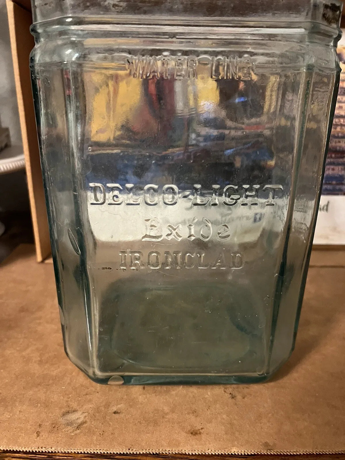 EXIDE Delco light ironclad Industrial Antique USA Clear-green Glass Battery Jar 8 sided glass